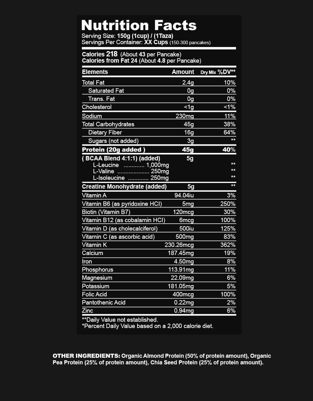 Vegan pancake protein nutrition facts label showing 25g plant protein per serving, FUSE 15LB 30LB bulk sizes